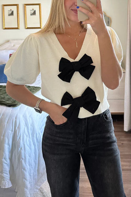 Rowangirl V-Neck Short-Sleeved Bow Solid Color Sweater