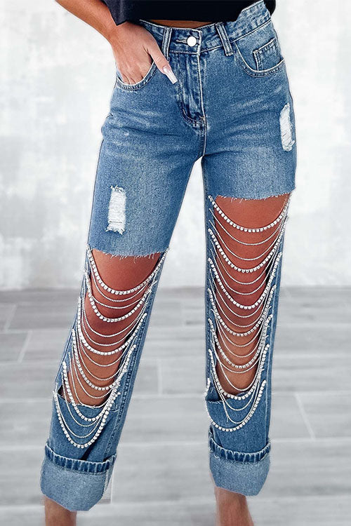 Rowangirl Fashion Pockets Wide Leg Ripped Jeans