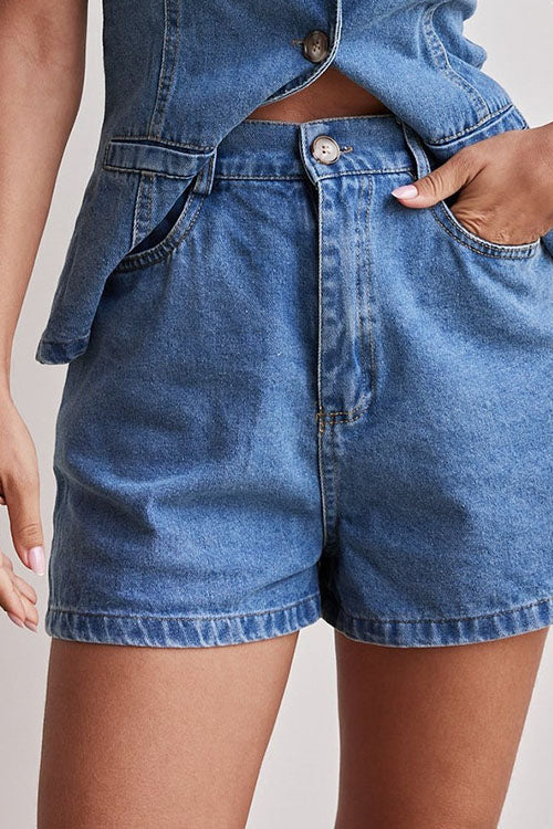Rowangirl  Fashion Sleeveless High Waist Loose Denim Shorts Suit
