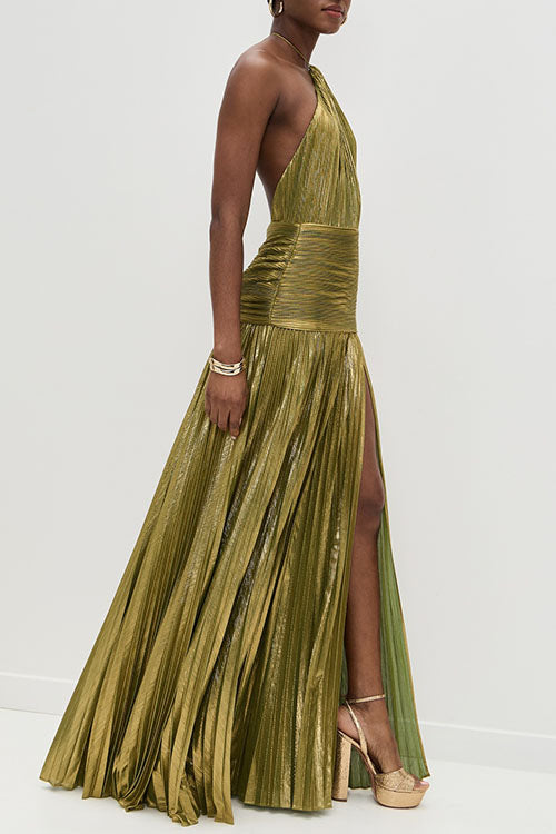 Rowangirl Gold Pleated Slit Dress