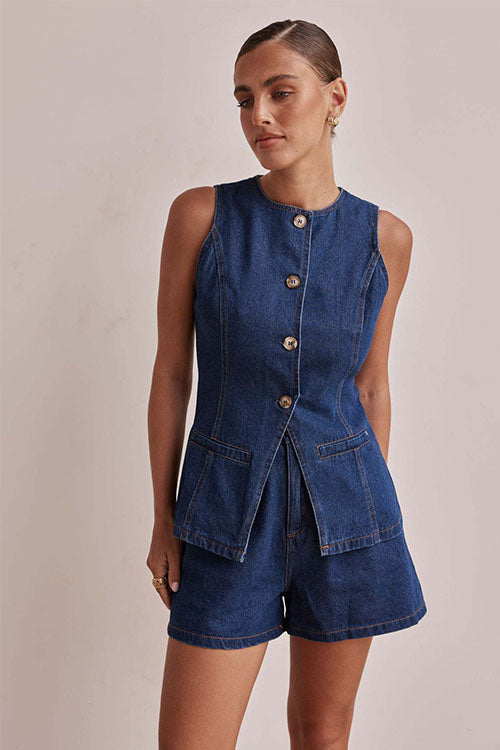 Rowangirl  Fashion Sleeveless High Waist Loose Denim Shorts Suit