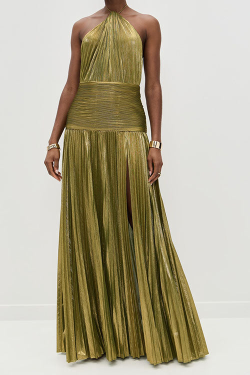 Rowangirl Gold Pleated Slit Dress