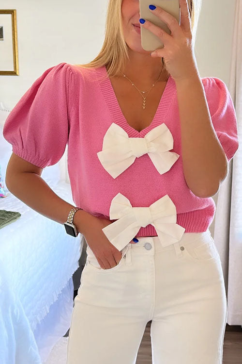Rowangirl V-Neck Short-Sleeved Bow Solid Color Sweater