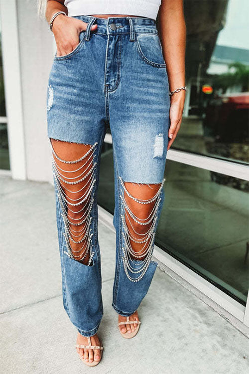 Rowangirl Fashion Pockets Wide Leg Ripped Jeans