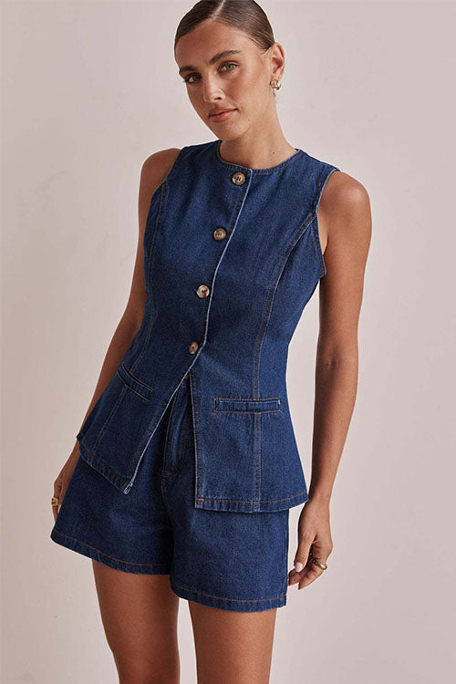 Rowangirl  Fashion Sleeveless High Waist Loose Denim Shorts Suit