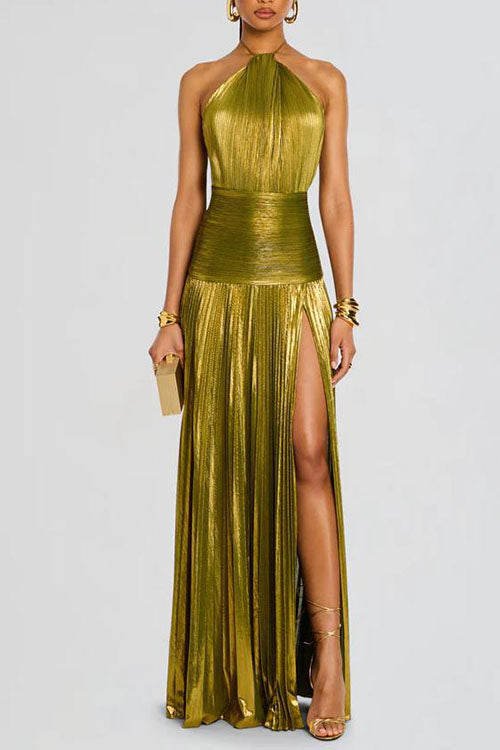 Rowangirl Gold Pleated Slit Dress