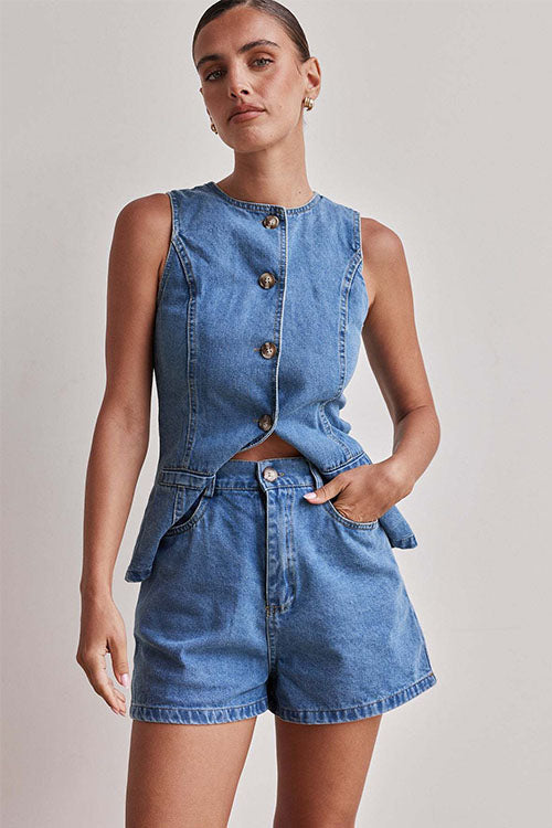 Rowangirl  Fashion Sleeveless High Waist Loose Denim Shorts Suit