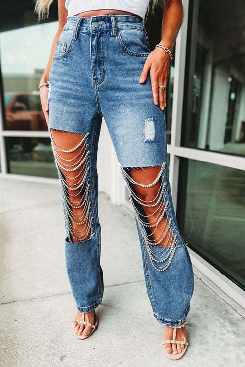 Rowangirl Fashion Pockets Wide Leg Ripped Jeans