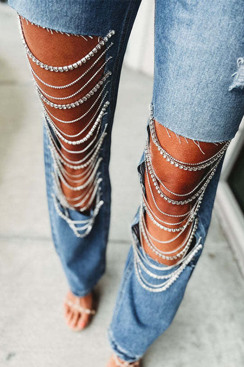 Rowangirl Fashion Pockets Wide Leg Ripped Jeans