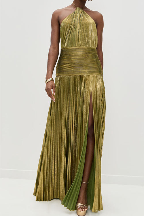 Rowangirl Gold Pleated Slit Dress