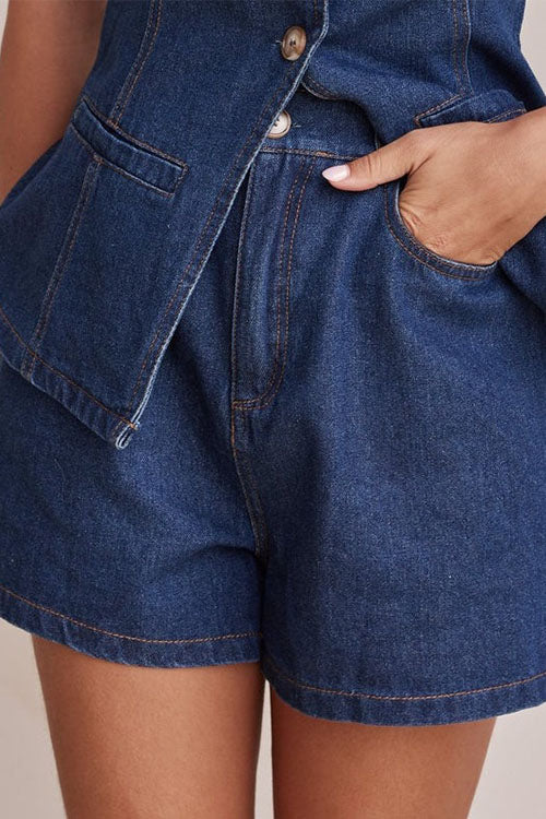 Rowangirl  Fashion Sleeveless High Waist Loose Denim Shorts Suit