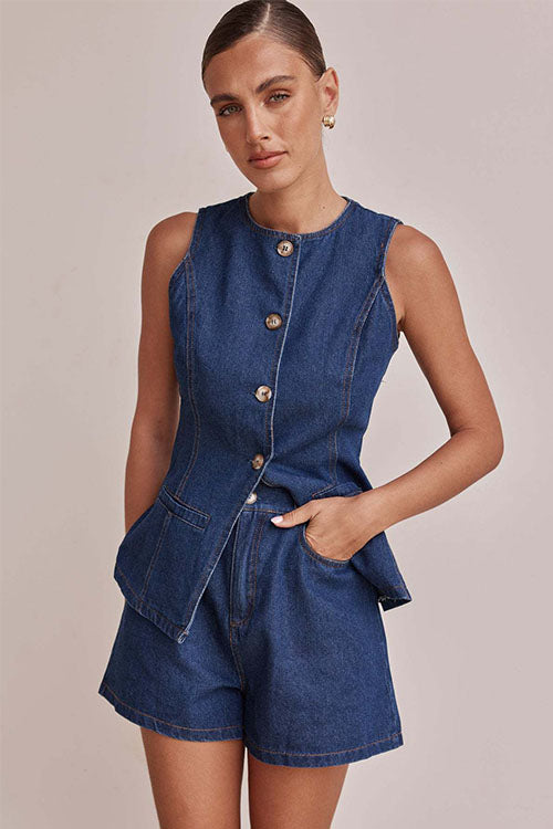 Rowangirl  Fashion Sleeveless High Waist Loose Denim Shorts Suit