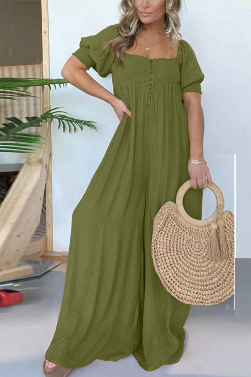 Rowangirl Solid Color Casual Puff Sleeve Pleated Jumpsuit