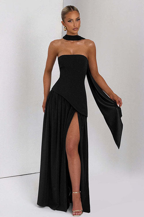 Rowangirl  Strapless Solid Color Slit Dress