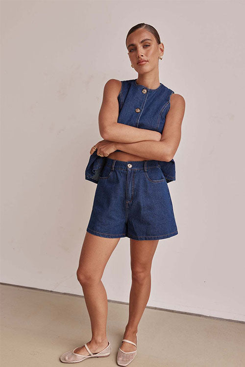 Rowangirl  Fashion Sleeveless High Waist Loose Denim Shorts Suit