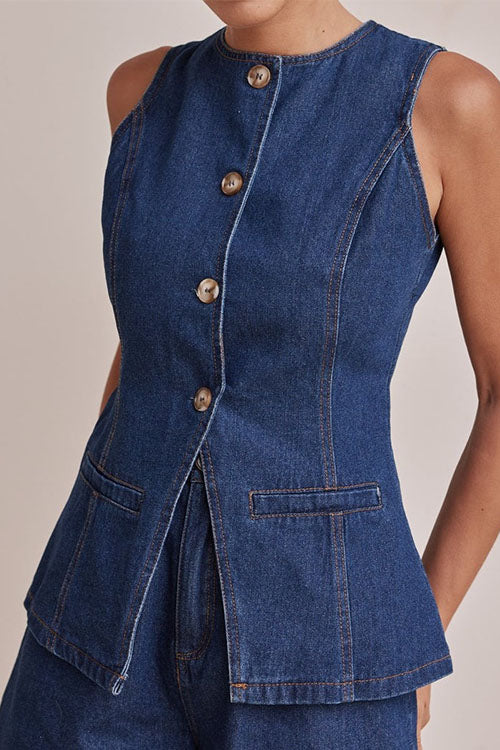 Rowangirl  Fashion Sleeveless High Waist Loose Denim Shorts Suit