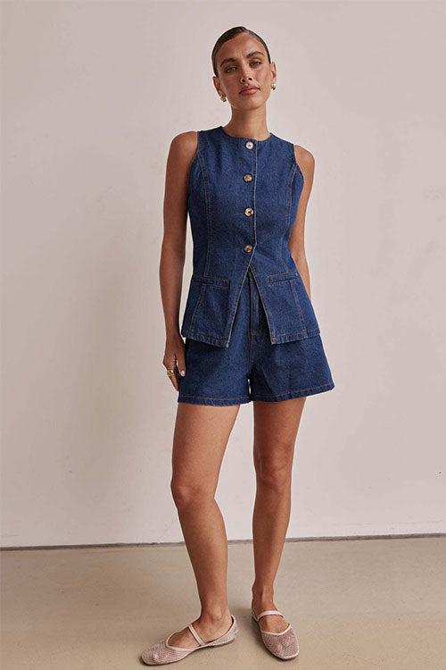 Rowangirl  Fashion Sleeveless High Waist Loose Denim Shorts Suit