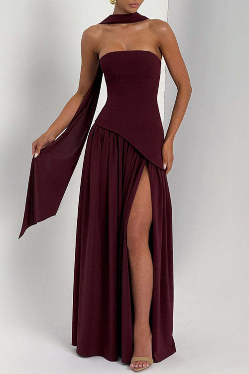 Rowangirl  Strapless Solid Color Slit Dress