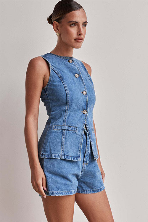 Rowangirl  Fashion Sleeveless High Waist Loose Denim Shorts Suit