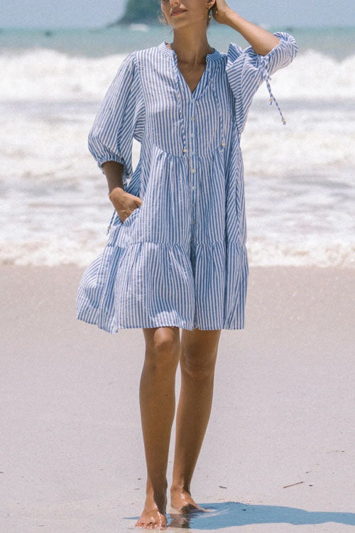 Rowangirl V-neck Button-down Dress With Lantern Sleeves