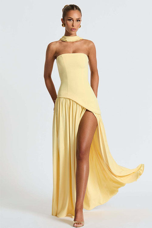 Rowangirl  Strapless Solid Color Slit Dress
