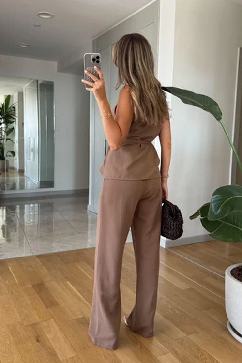 Rowangirl  Sleeveless Tie Solid Color Straight-Leg Two-Piece Suit