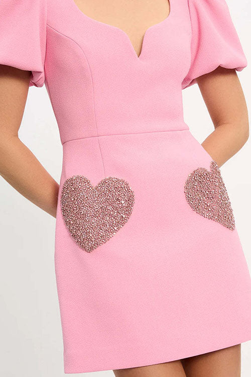 Rowangirl V-Neck Pink Puff Sleeve Sequin Dress