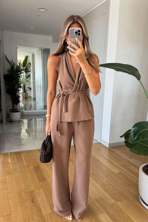 Rowangirl  Sleeveless Tie Solid Color Straight-Leg Two-Piece Suit