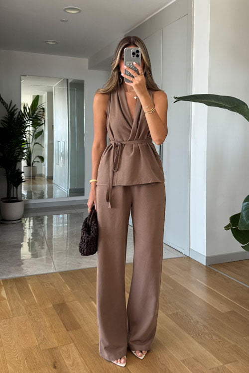 Rowangirl  Sleeveless Tie Solid Color Straight-Leg Two-Piece Suit