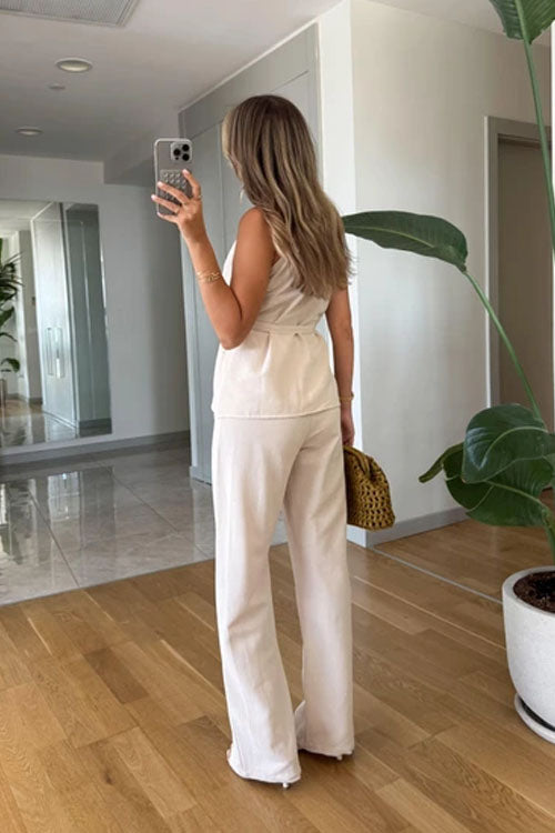Rowangirl  Sleeveless Tie Solid Color Straight-Leg Two-Piece Suit