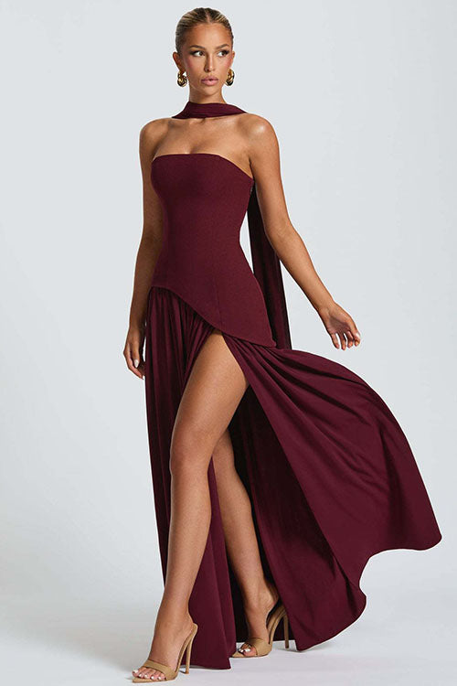 Rowangirl  Strapless Solid Color Slit Dress