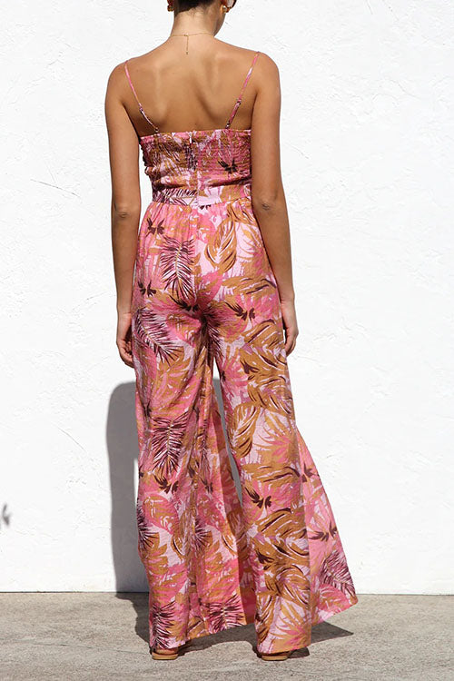 Rowangirl Printed Lace-up Wide-leg Suspender Jumpsuit