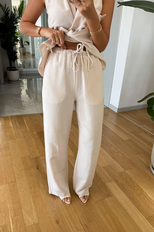 Rowangirl  Sleeveless Tie Solid Color Straight-Leg Two-Piece Suit