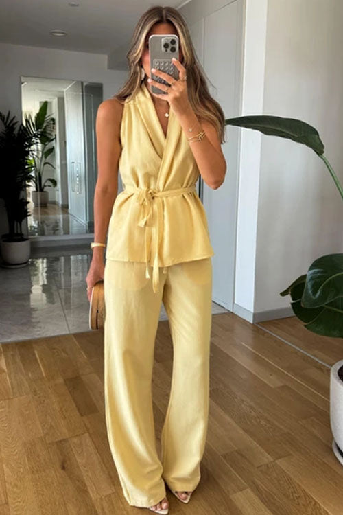 Rowangirl  Sleeveless Tie Solid Color Straight-Leg Two-Piece Suit