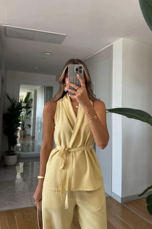 Rowangirl  Sleeveless Tie Solid Color Straight-Leg Two-Piece Suit