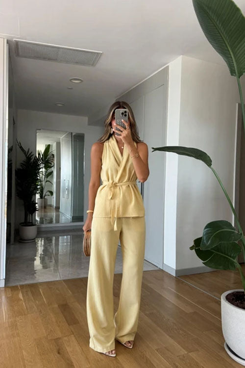 Rowangirl  Sleeveless Tie Solid Color Straight-Leg Two-Piece Suit