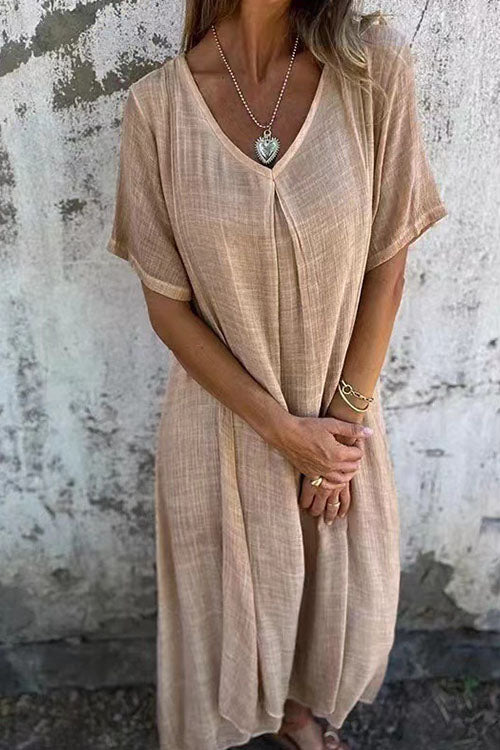 Rwangirl Fashionable Cotton And Linen V-Neck Dress
