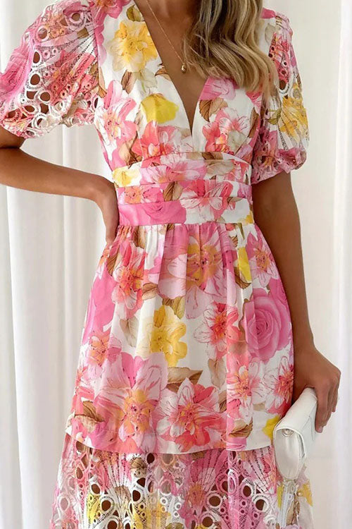 Rowangirl  Colorful Printed Embroidered Hollow Fashion Splicing Dress