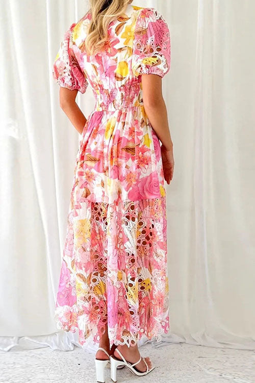 Rowangirl  Colorful Printed Embroidered Hollow Fashion Splicing Dress