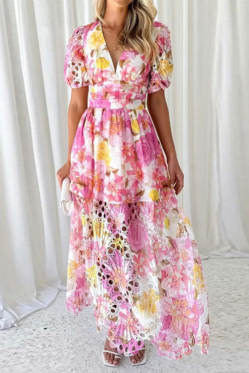 Rowangirl  Colorful Printed Embroidered Hollow Fashion Splicing Dress