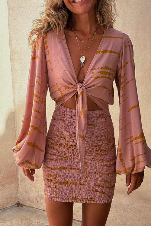 Rowangirl   Printed V-Neck Long-Sleeved Dress