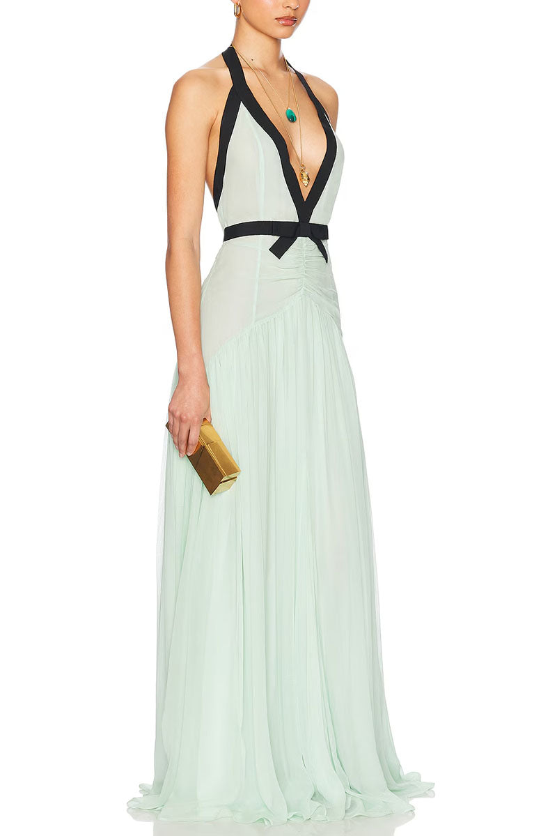 Rowangirl  Deep V-neck Long Dress With Bow Decoration