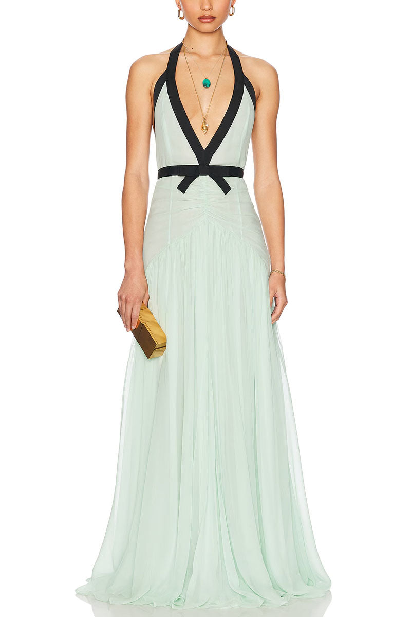 Rowangirl  Deep V-neck Long Dress With Bow Decoration