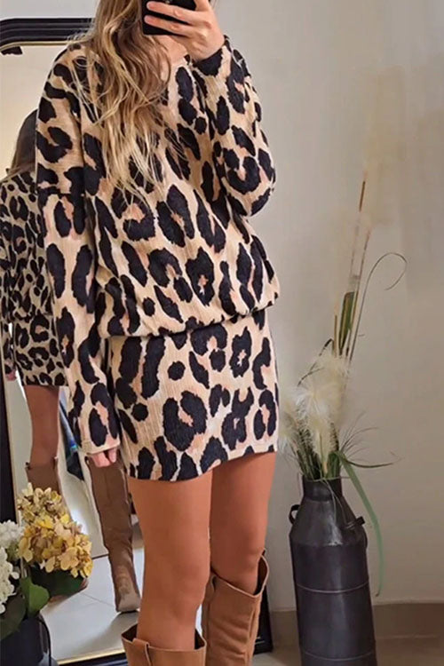 Rowangirl Stylish Leopard Print Long Sleeve Dress