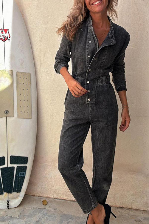 Rowangirl  Long-sleeved Denim Fashion Jumpsuit