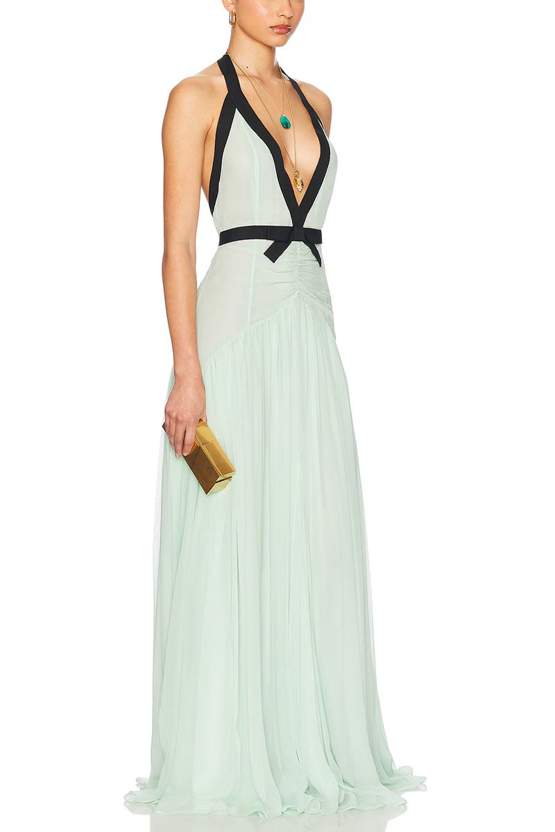 Rowangirl  Deep V-neck Long Dress With Bow Decoration