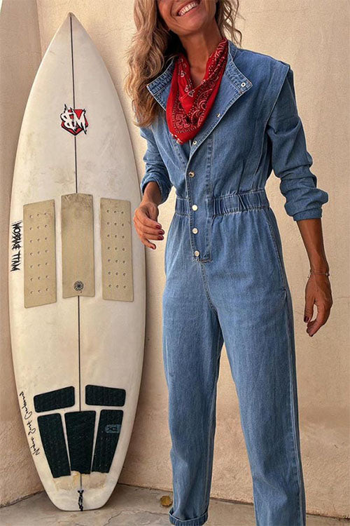 Rowangirl  Long-sleeved Denim Fashion Jumpsuit