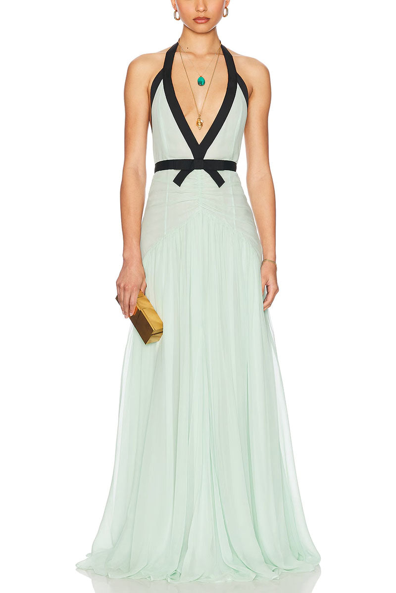 Rowangirl  Deep V-neck Long Dress With Bow Decoration