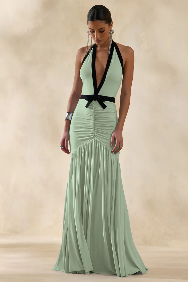 Rowangirl  Deep V-neck Long Dress With Bow Decoration