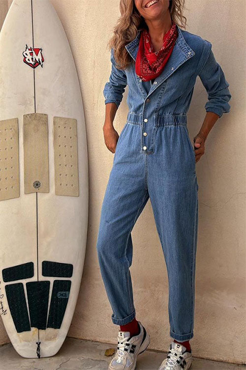 Rowangirl  Long-sleeved Denim Fashion Jumpsuit